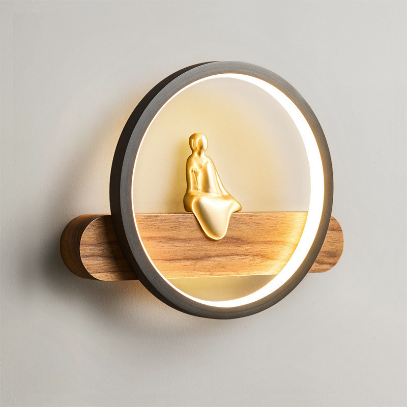 lámpara de pared nueva cabecera lámpara de cabecera LED de fondo de pared de nuez de bronce de fondo de nuez de melocotón circular Zen invitado