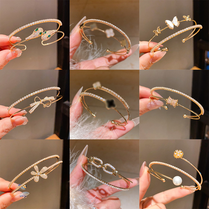 Zircon Bow Open Bracelet Retro Simple Fashion Temperament Versatile Bracelet Light Luxury High-End Jewelry Wholesale