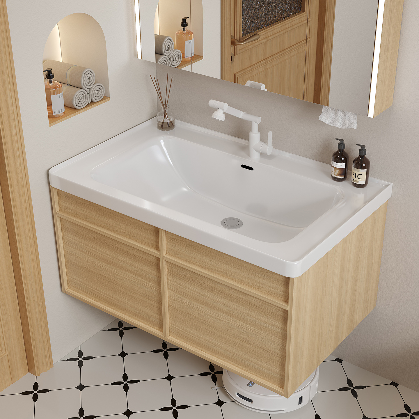 Viento de tronco estilo japonés nuevo lavabo cerámico integral con cajón profundo 18cm multicapa gabinete de baño de madera sólida combinación image 2