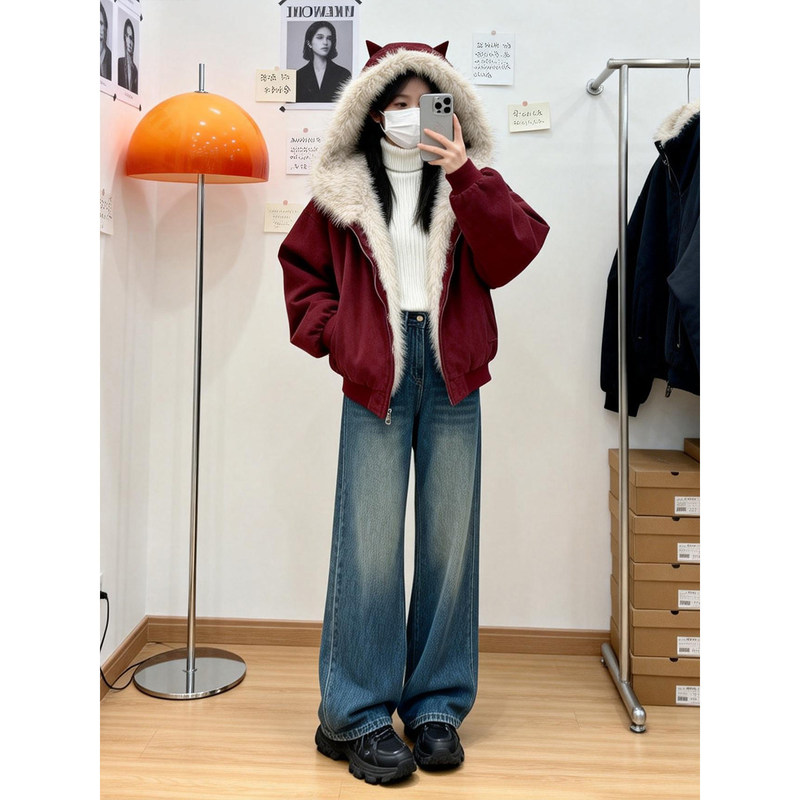 Women's Spring Fur Coat with Hood, Designed for Petite Figures, Warm Cardigan Top