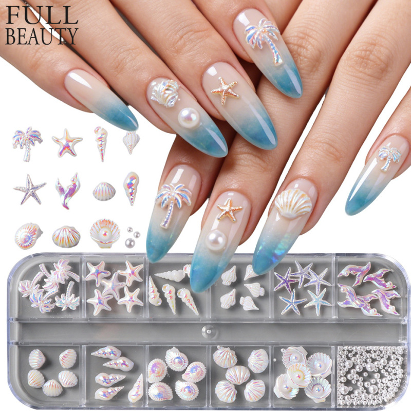 Cross-Border New Nail Art Accessories Summer Ocean Style Aurora Palm Tree Shell Conch 12-Compartment Mixed Nail Decorations