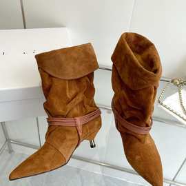 麂皮版小众猫跟西部靴女翻折堆堆靴秋冬新款时尚气质百搭短靴