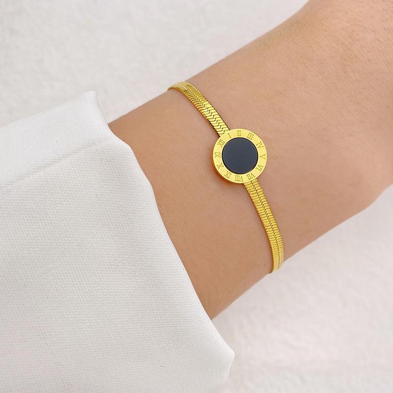 Light Luxury Stainless Steel Dial Bracelet Digital Black Round Bracelet Zipper Buckle Tail Chain Golden Snake Chain Bracelet