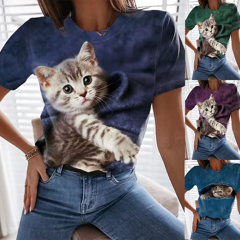 2023夏亚马逊独立站欧美跨境爆款猫咪数码印花圆领短袖上衣T恤女