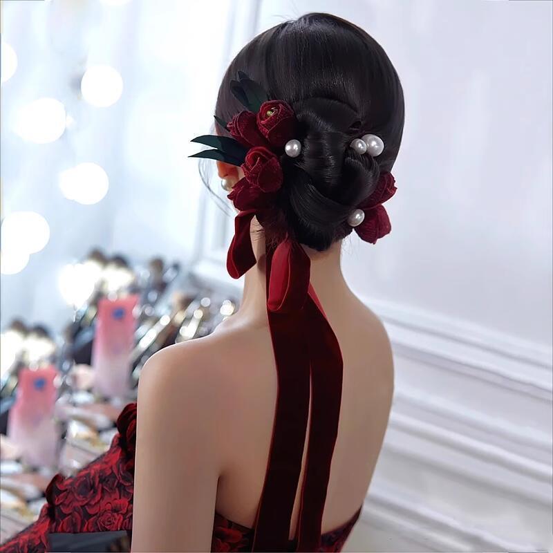 乾杯ドレス、ヘッドドレス、ブライダルフォレストスタイル、スーパーフェアリーワインレッドチューリップフラワーヘアピン、ベルベットヘアバンド、ウェディングドレスアクセサリー|undefined