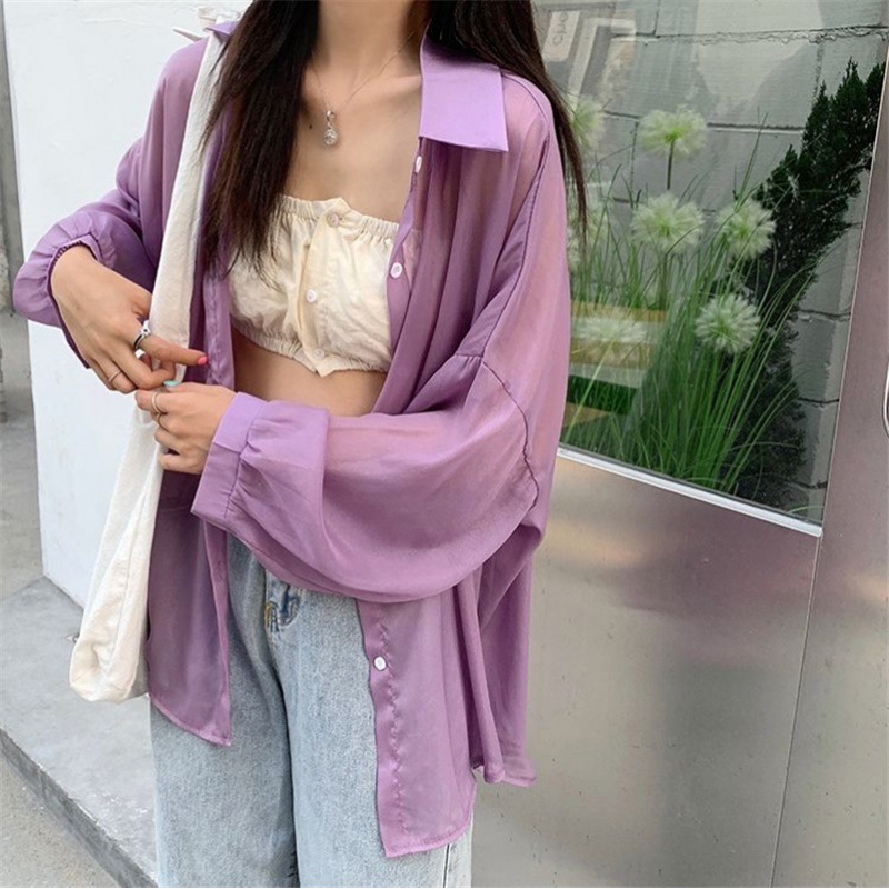 紫色薄款防晒衬衫女夏新款韩版宽松百搭长袖空调防晒外套