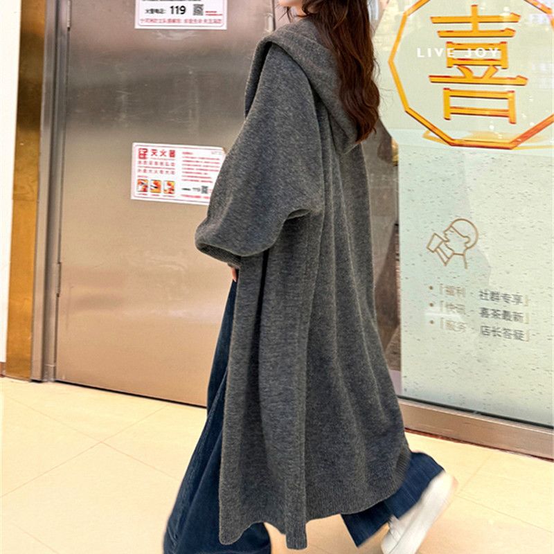 Hongtong Gray Hooded Long Sweater Women's Autumn and Winter New Loose Lazy Style Knitted Cardigan Jacket