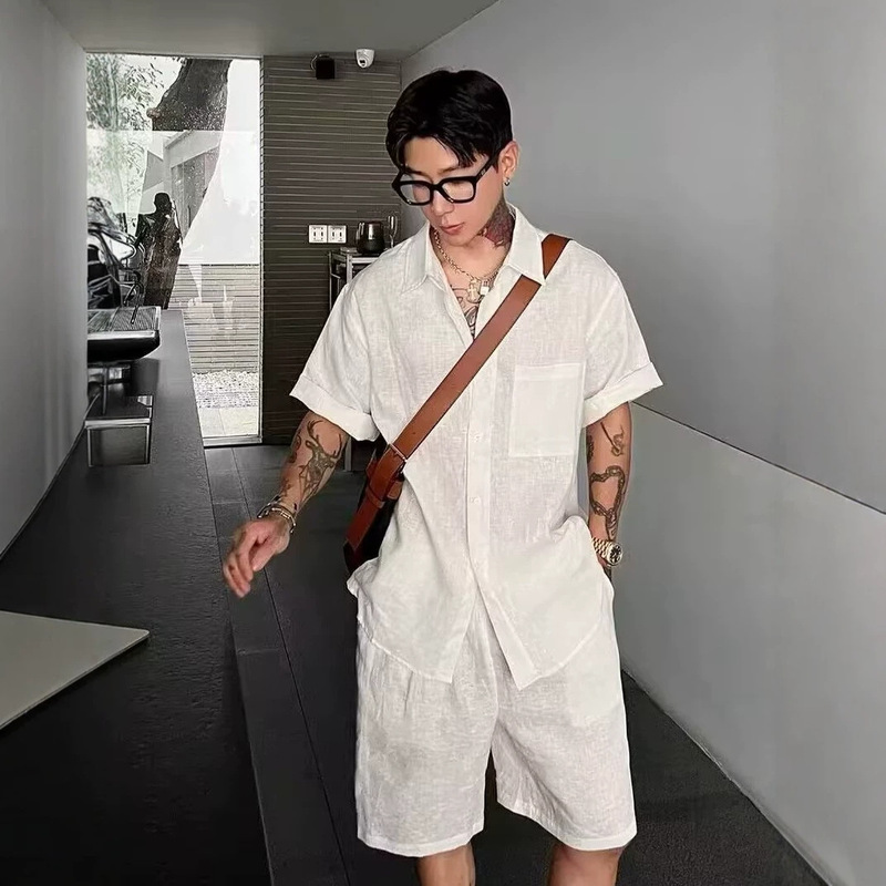 Old Money Style Linen Breathable Short-Sleeved Shirt for Men, Summer Thin Style, Beach Wear, High-End Shirt and Shorts Set