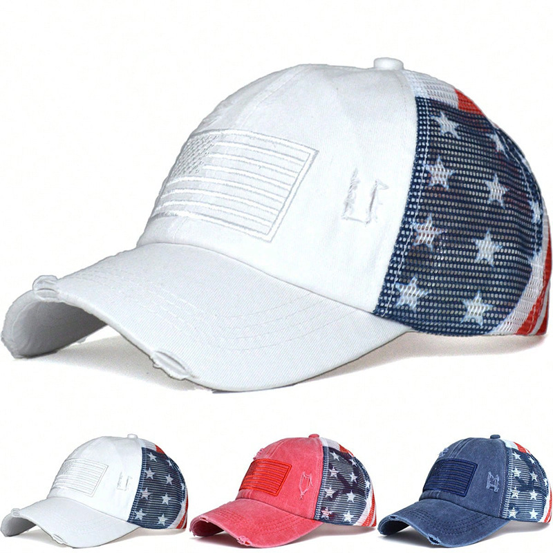 Women's Distressed Embroidered Baseball Cap, Washed Cotton Ponytail Cap, American Flag Trucker Hat, Sunshade Hook-And-Loop Hat