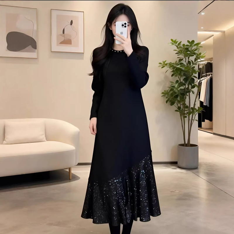 Dropshipping Fashion New Style 2026 Spring and Autumn Sequin Patchwork Black Dress for Women, Versatile and Slimming Mid-Length Style Dropshipping Fashion New Style 2026 Spring and Autumn Sequin Patchwork Black Dress for Women, Versatile and Slimming Mid-Length Style
