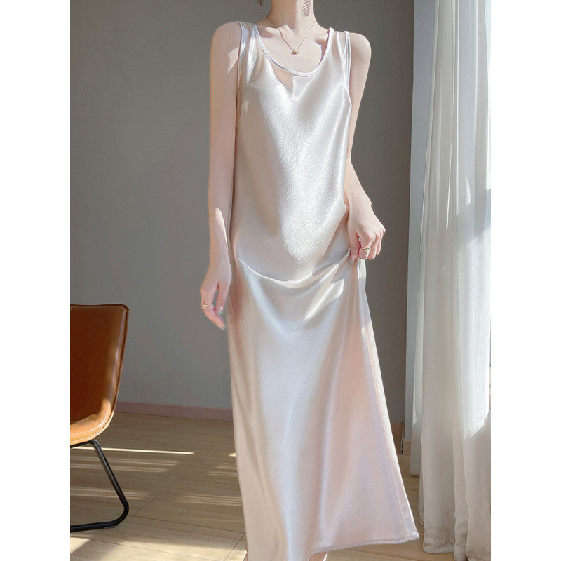 Gilt Acetate Satin Sleeveless Wide Shoulder Strap Long Dress Women's Summer New Elegant Elegant Draped dress