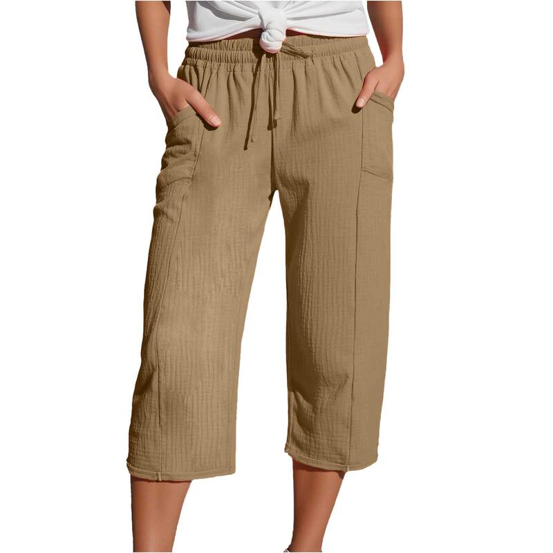 Cross-Border Summer European and American Women's Clothing Amazon Foreign Trade Cotton and Linen Solid Color Casual Elastic Waist Pleated Pocket Cropped Pants