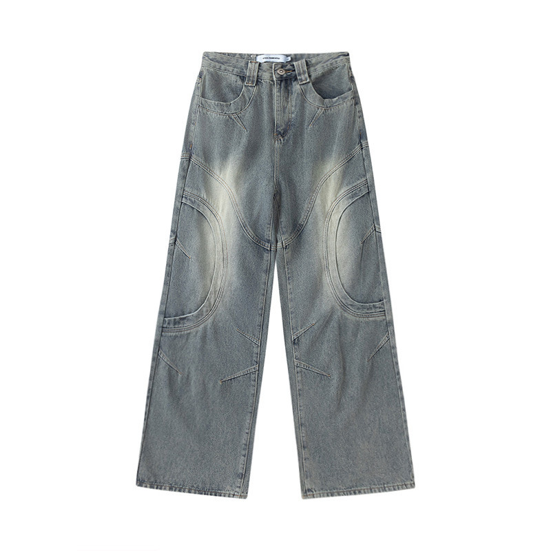 Men Women Curved Hem Jeans Loose Straight Leg Pants Trendy Casual Versatile Autumn Street Style Creative Design_mkmklike.com