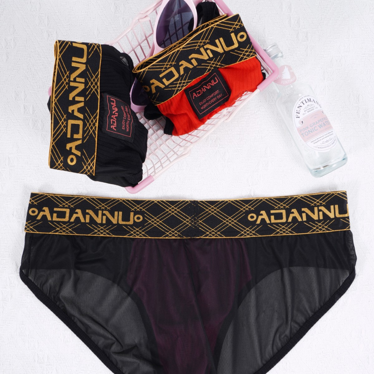 Cueca boxer masculina transparente com cós dourado, em tela sexy, ideal para esportes e fitness, confortável e com fácil liberação._voghion.com