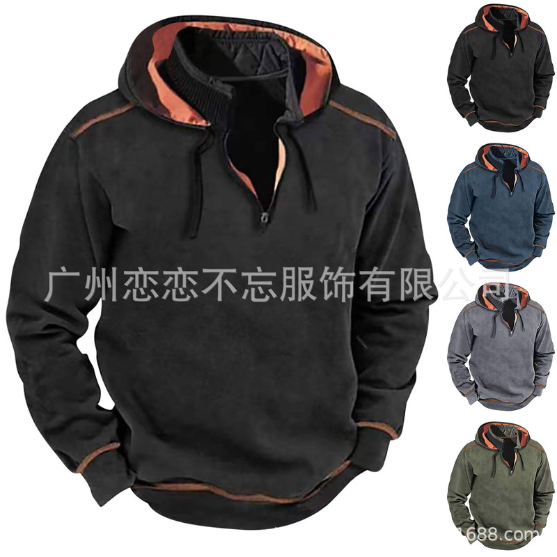Amazon autumn and winter New front zipper stand collar long sleeve contrast color popular men's sweater street fashion Men's hoodie