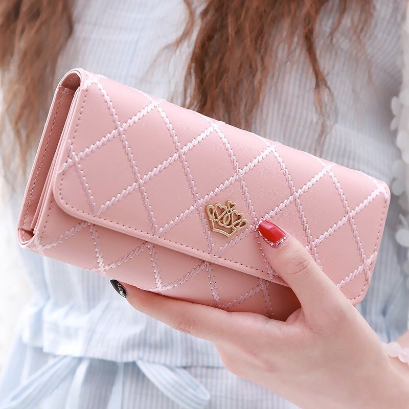 New Trendy Wallet Women's Large Capacity Girl's Long Wallet Trendy Thin Fashion Mobile Phone Bag Rhombic Metal Crown Wallet