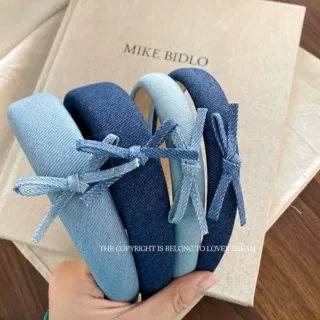 韩国ins新款蓝色牛仔蝴蝶结海绵发箍 甜美少女风头箍百搭头饰发饰