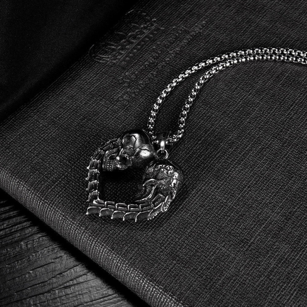 Collana con teschio e cuore in acciaio inossidabile punk_voghion.com