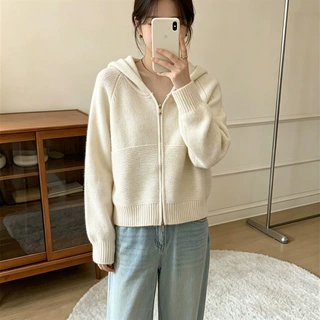 波浪纹连帽双拉链毛衣外套女秋冬季新款韩系宽松休闲针织开衫上衣