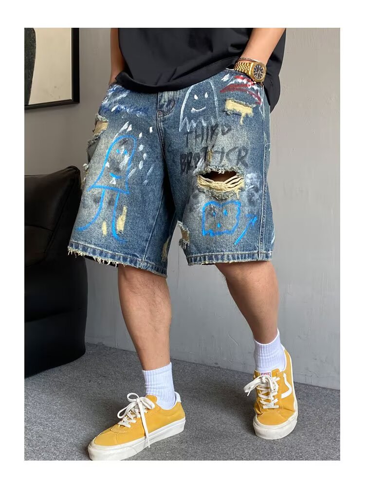 Hand Painted Graffiti Print Ripped Denim Shorts American Style High Waist Loose Fit Five Point Summer Fashion Kpop Casual Jeans_viptrois.com