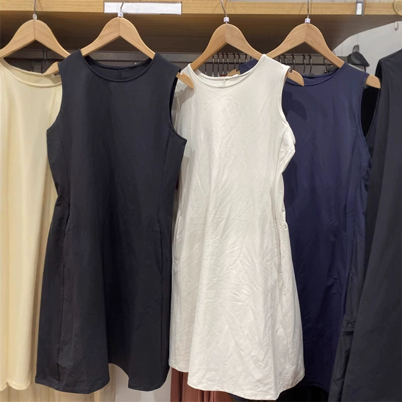 2025 летняя раскраска новая женская высокая эластичная мини-платье без рукавов с круглым вырезом юбка короткая юбка сплошной цвет 474076