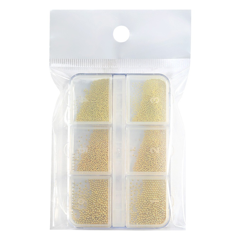 Mini set de cuentas metálicas para decoración de uñas con 6 compartimentos, caja completa, pistola dorada y plateada, decoraciones de uñas con caviar negro, cadena al por mayor.