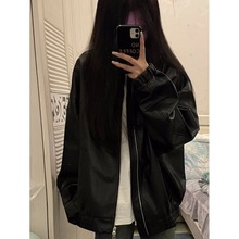 美拉德复古黑色国潮皮衣外套女春季2024新款宽松休闲机车夹克