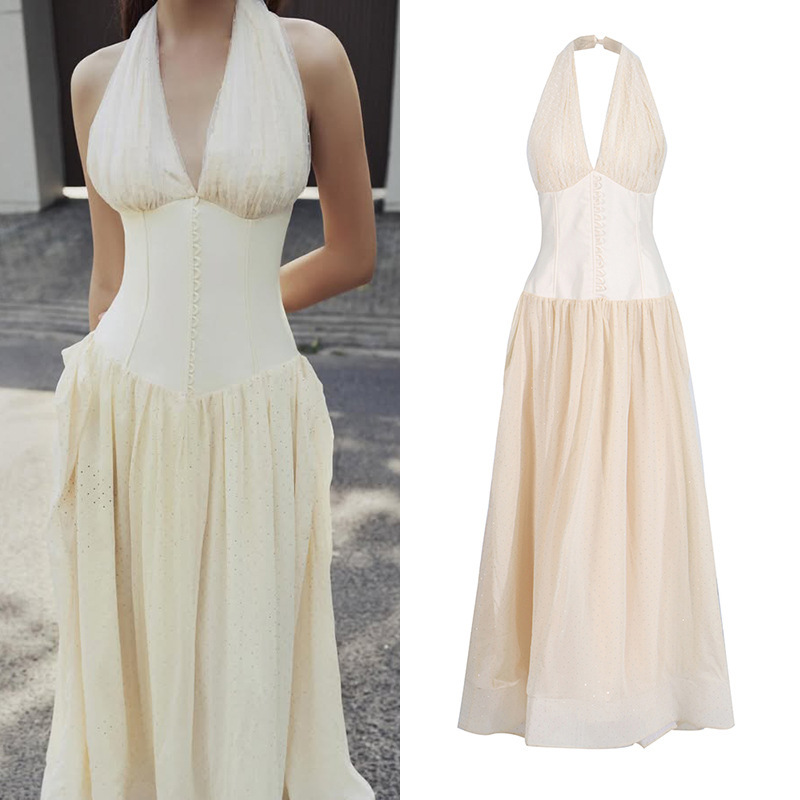 French-Style High-End Halter Neck Cream-Colored Waist-Cinching Long Dress 2026 New Ruffle Hem Rhinestone-Embellished Dress for Women