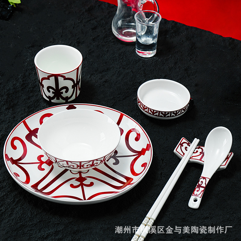 轻奢中国红创意摆台餐具套装五件套骨瓷特色酒店宴会大厅包厢专用