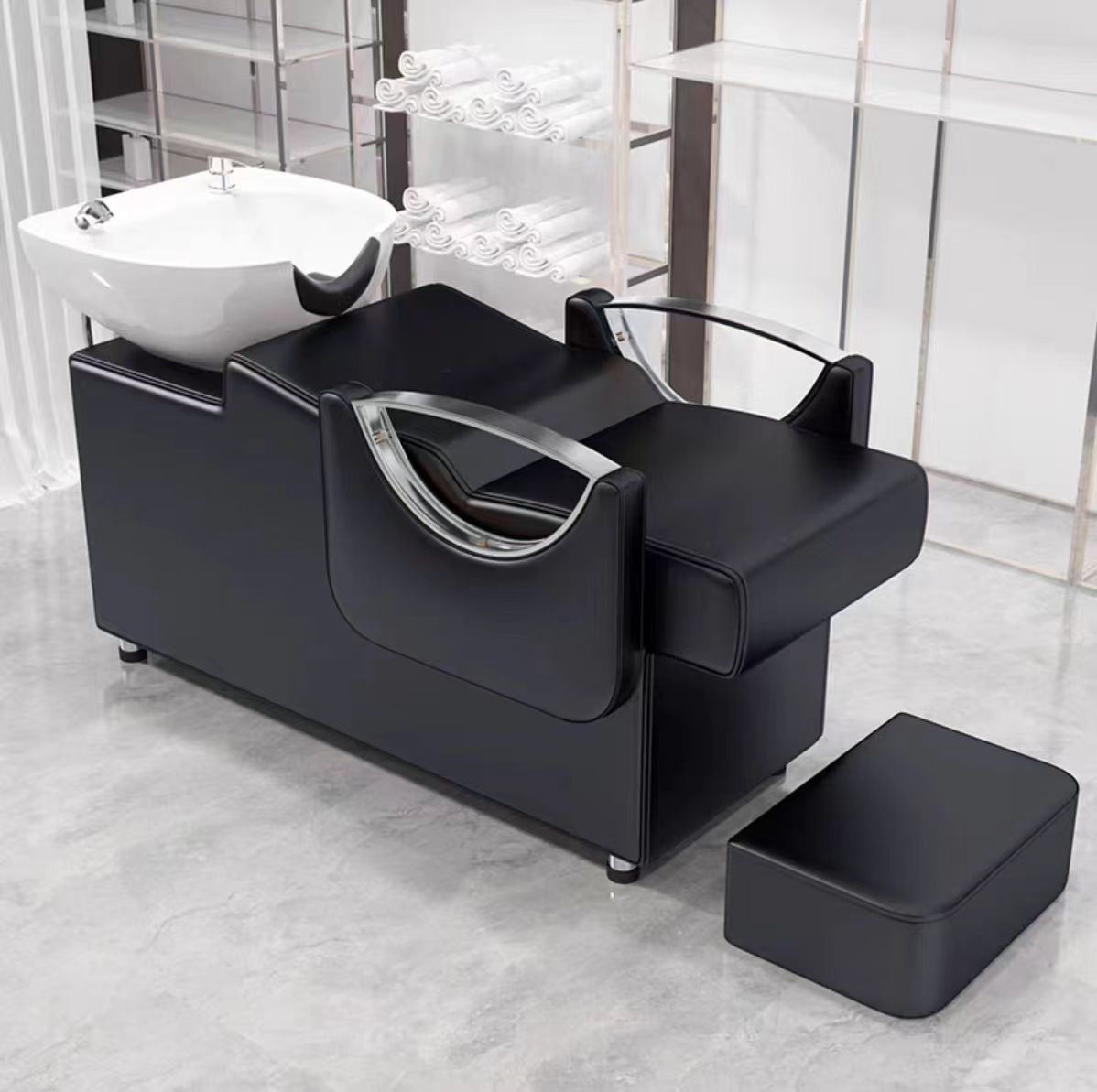 Cama de lavado de cabello para peluquería con reposapiés, lavabo de cerámica, cama de lavado de cabello semireclinable para peluquerías, cama de masaje y peluquería.