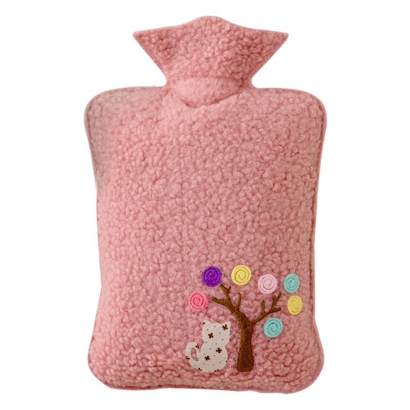 Lexueer tela bolsa de agua caliente de plástico inyección de agua hogar a prueba de explosiones riego calentador de mano tela de felpa bordado bolsa de agua caliente al por mayor