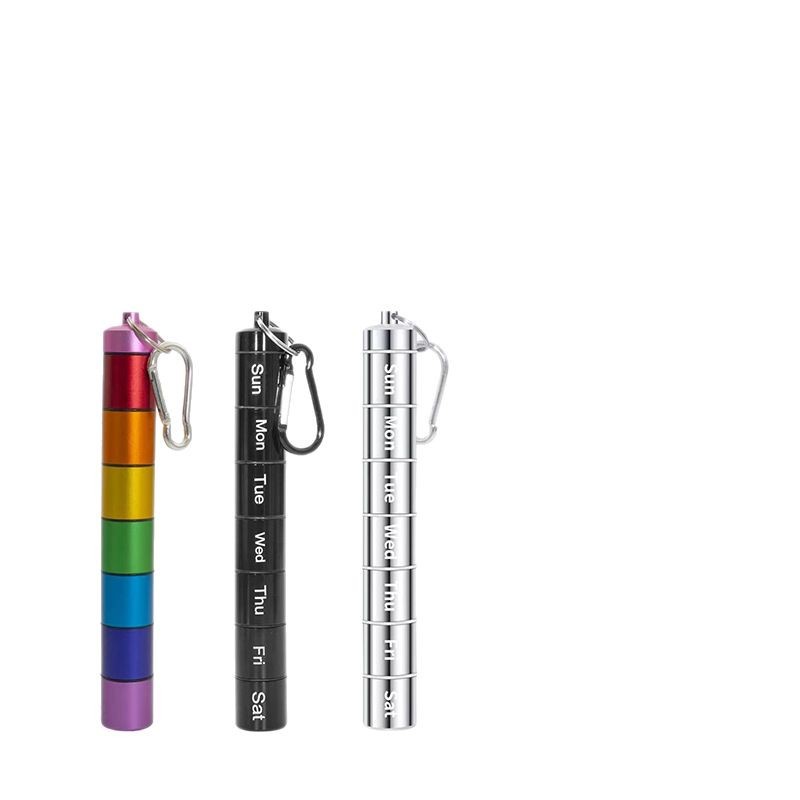 Amazon sellado al aire libre a prueba de agua de almacén caja de la píldora del metal combinación desmontable conveniente aleación de aluminio caja de la píldora 7 días a la semana