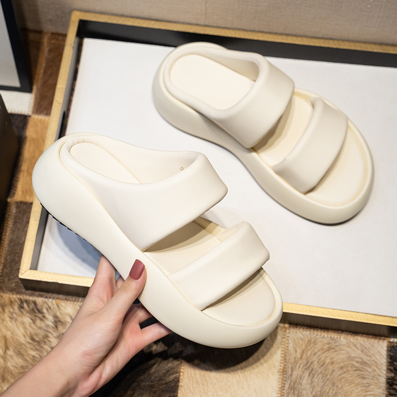 Sandalias de suela gruesa de punta redonda de mujer de ala ancha de doble correa de suela gruesa elástica suave