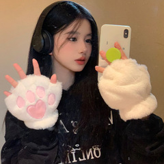 冬のかわいいクマの手ぬいぐるみプラスベルベットハーフフィンガーグローブ親友防風防寒厚く暖かい手袋首吊り猫の爪