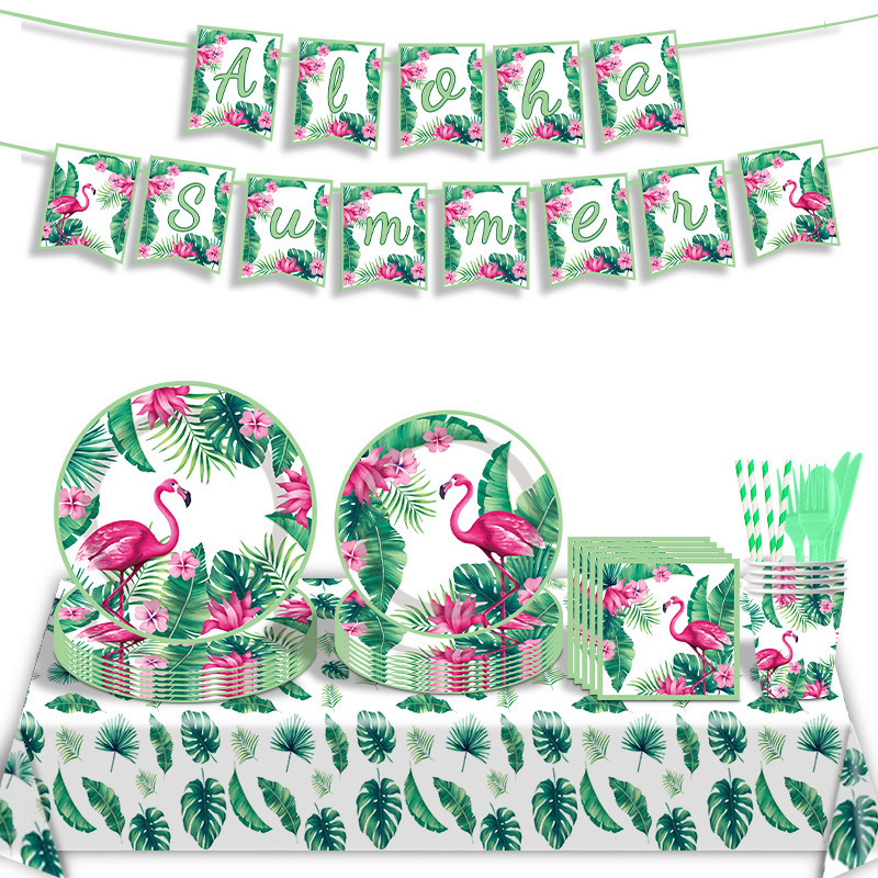Hawaiian Flamingo Palm Leaf Paper Plate Paper Cup Paper Towel Tablecloth Knife and Fork Spoon Party Decoration Disposable Paper Tableware