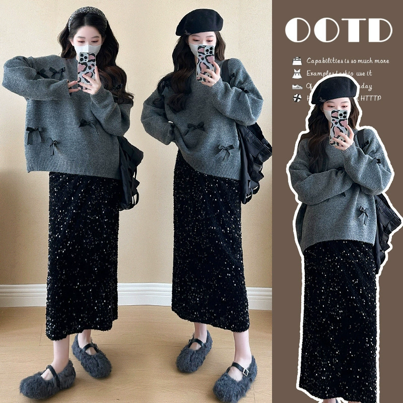 Материнская осенняя одежда с бантом трехмерный свитер из двух частей