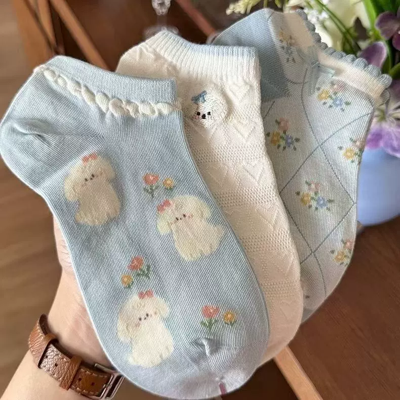 Breathable summer white three dimensional knee socks, wide color palette, with embroidery, floral print