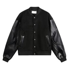 美式复古毛呢拼接PU皮棒球服外套男女潮牌设计感宽松休闲夹克上衣