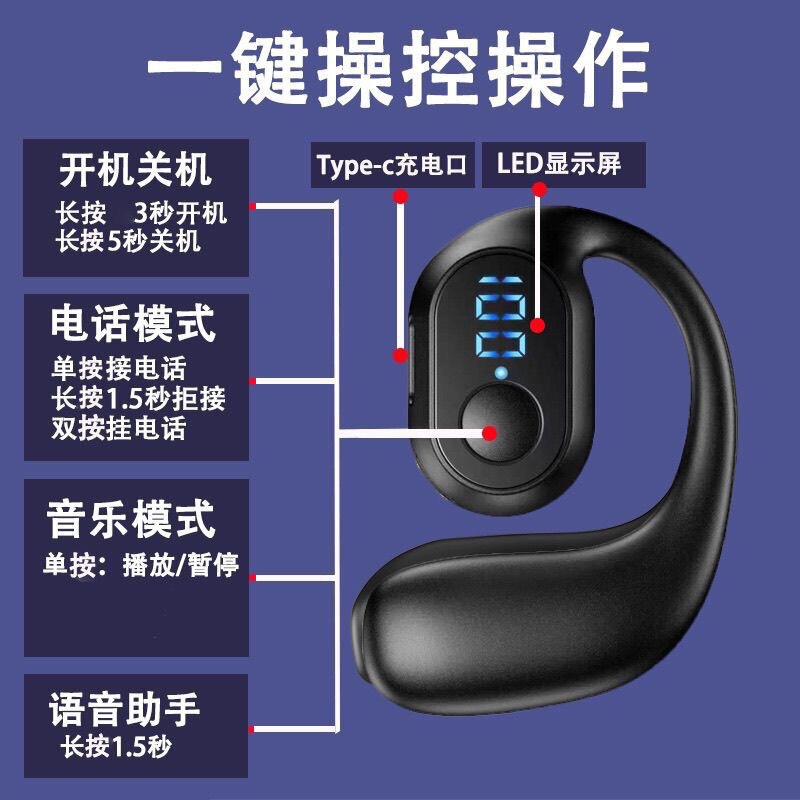 通数显单左耳挂蓝牙耳机 超长续航按键版OWS不入耳传导运动无线|undefined