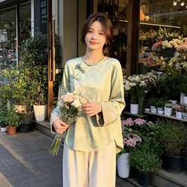 实拍国风系列新品新中式缎面暗花高定长袖女士衬衣