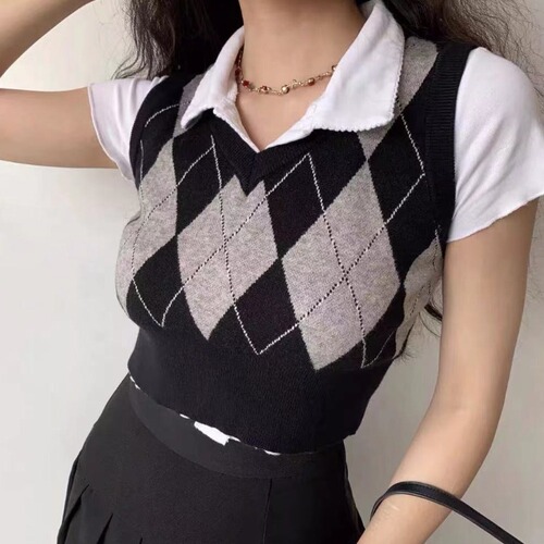 American retro contrasting diamond knitted vest vest for women  new college style V-neck sleeveless top