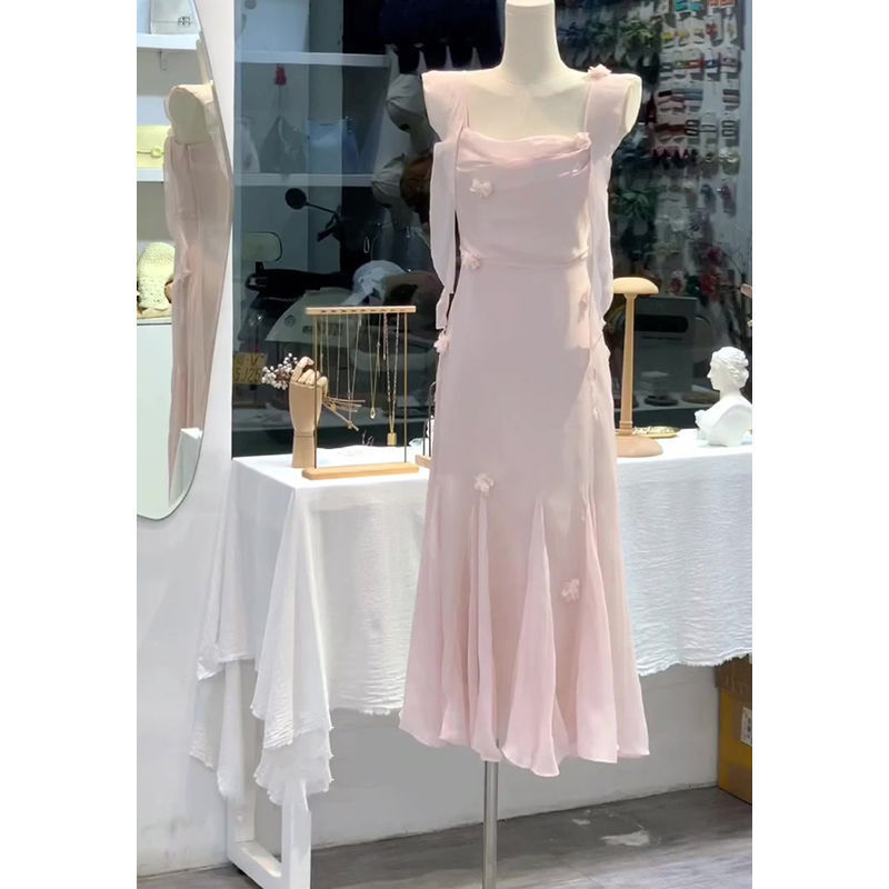 French Style Pink Ruffled A- Line Sling dress Women's Summer Fairy Dress Waisted Slim-fit Fishtail Long Dress