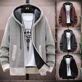 新款针织衫男士开衫外套上衣宽松秋冬装加绒加厚纯色连帽毛衣