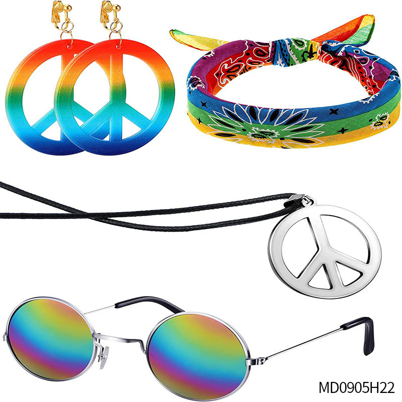 Accesorios de vestir hippies de la década de 1960, diadema de girasol, gafas redondas, conjunto de aretes de collar de talismán de paz