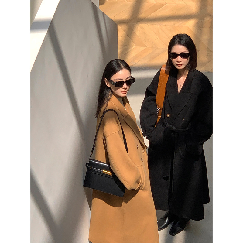 周淼ZHOUMIAO荃澳毛双面呢大衣女秋冬双排扣宽松过膝廓形毛呢外套|undefined