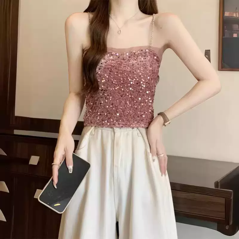 纯欲亮片吊带背心女夏季短款外穿设计感小众性感亮闪闪无袖上衣女