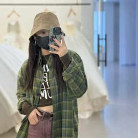 DY8092026年港风绿色格子衬衫外套女童春秋季宽松bf慵懒风衬衣ins