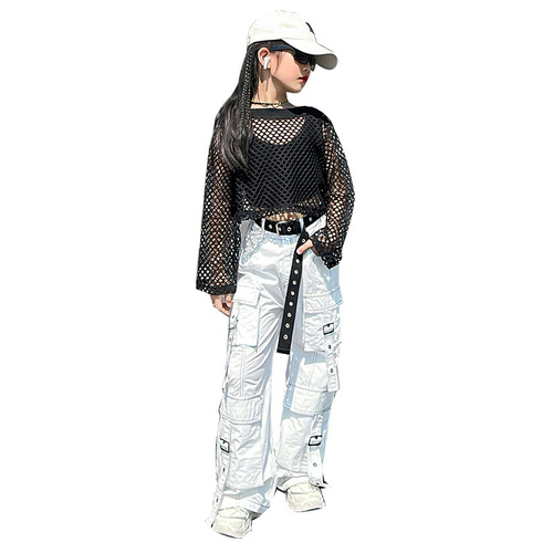 Girls' Set 2024 Summer New Medium and Large Children's Mesh Hollow Long Sleeve T with Multiple Pockets Work Pants Fashion Two-Piece Set