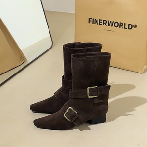 9625-1 Classic Retro Western Knight Boots Belt Buckle Thick Heel Square Head Suede Fashion Short Boots Medium Boots for 