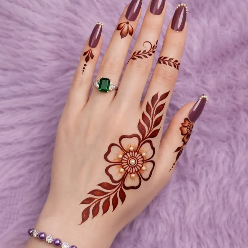 Brown-red henna hand-painted flower hand tattoo stickers, Indian mehndi floral and leaf finger full set waterproof stickers